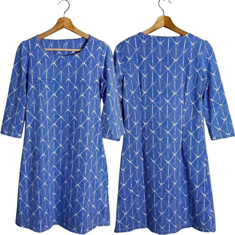 Mahi Gold Patterned Shift Mini Dress Womens Small Blue White Nautical Scuba Chic